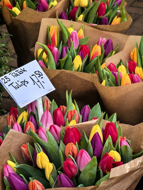 Multiple bouquets of fresh tulips in vibrant red, yellow, purple, and pink, wrapped in brown kraft paper, are arranged on a surface, with some bouquets positioned behind others. Each bouquet contains