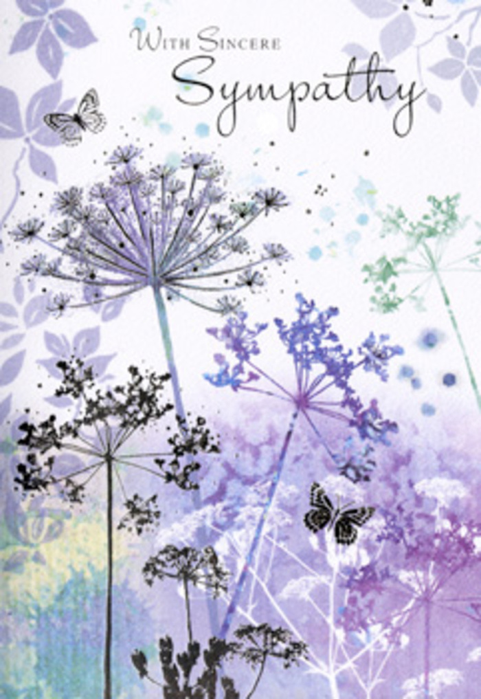 There is a tranquil, almost meditative beauty to this sympathy card, one that would resonate with someone stepping out of a house in Cowley at first light, when the world is still and the sky holds just a hint of colour. The page is filled with tall, slender stems of wildflowers, each one arcing gracefully upward in a loose, natural rhythm. Their tops bloom into intricate, umbelliferous heads-tiny clusters of florets gathered in filigree forms, like delicate lace held aloft on the finest of wires. The colours are subdued and comforting: soft violets, dusky blues, powdery lilacs, and subtle silvery greens seep into one another, painted in transparent layers that resemble mist rolling gently over a quiet field.   

Behind these detailed silhouettes, the background is softly blurred, with broad, feathered strokes of blue, lavender, and pale grey that offer just the suggestion of distant stems and foliage fading into the distance. The light within the image feels diffused, as though filtered through thin cloud on a dewy morning, creating an atmosphere of gentle introspection. Hovering above the wisp-like petals, two or three butterflies drift between the blooms, their wings suggested with the lightest of touches, almost like a memory coming and going. They hint at hope and continuity, a reminder that life carries on in subtle, meaningful ways after loss. The entire composition invites the viewer to pause for breath, to sit in silence for a moment and remember. As a florist serving the Cowley community, I often see families drawn to designs like this when words are hard to find; this card becomes more than paper and pigment, it becomes a soft-spoken gesture of genuine sympathy, woven through with nature's enduring grace.