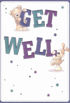 Softness and solace radiate from this get well card, offering the kind embrace of Cowley's community spirit. A classic teddy bear, plush and gentle, hugs the top curve of the word 'GET', while a lively puppy nestles tenderly beside 'WELL', both illustrated with affectionate detail and inviting textures. The expressive faces and rounded forms convey a sense of unwavering hope and support-the same reassurance you'd find picking up a cheerful bouquet from a neighbourhood florist near Church Cowley Road. Vivid purples and fresh teals colour the hand-lettered words, their boldness enhanced by playful starbursts splashed in dreamy blue and lavender across a pristine white backdrop. This careful harmony of colours and personalities recalls the artistry behind each thoughtfully arranged bouquet at Florist Cowley, crafted to brighten hospital stays or bring comfort to friends around Florence Park. The card brims with optimism and gentle care, creating a moment of lightness as reassuring as a local florist's compassionate touch.