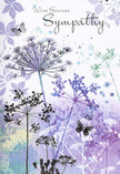 This sympathy card unfolds like a quiet poem in watercolour, a scene that would not feel out of place beyond the edges of Cowley, where fields meet sky and the day slows into evening. Across the design, airy silhouettes of wildflowers stretch upwards, their stems long, fine, and slightly curved, as though reaching for a softness just beyond the page. At the top of each stem, delicate umbels bloom into intricate, rounded heads, formed from many tiny florets suggested in whisper-light strokes. Shades of lavender, indigo, and cool blue mingle across the petals, while hints of muted green and silver trace the stems and foliage, giving the composition a cool yet comforting palette.   

The background looks like the memory of a meadow at dusk-soft washes of violet, pale blue, and grey-green blending without hard edges. Between these flowing colours, the subtle impression of extra petals and leaves drifts, adding depth without distraction, like layers of thought during a quiet moment of remembrance. Here and there, butterflies hover above the wildflower heads, their forms almost transparent, wings edged with the faintest lines. They evoke transformation, gentle presence, and the sense that those we've lost remain close in ways we cannot always see. Against this calming backdrop, a message such as With Sincere Sympathy would appear in a flowing script, sitting lightly above the flowers, lending words to what the illustration already expresses. For someone in Cowley sending condolences, this card offers a respectful, understated embrace-its nature-inspired design echoing the peace of local landscapes and carrying warmth and solace to the recipient with quiet, enduring grace.